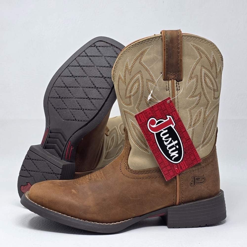 Justin Stampede Kids Western Boots Brown JK7511 Juniors Size 6D Square Toe New